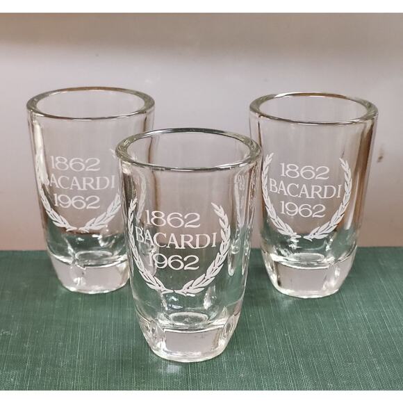 Vintage Bacardi Shot Glasses 1862–1962 Centennial Etched Logo Barware Set of 3 - Picture 1 of 12